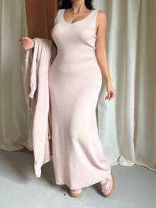 GalTyme Plus Size Casual Solid Color Cardigan Knit Dress, Autumn/Winter - Apricot - View 3