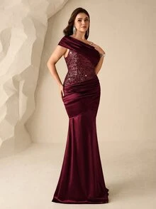 Coutiva Plus Size Women's One Shoulder Ruched Elegant Waist-Cinching Evening Gown Dress - Red - View 4