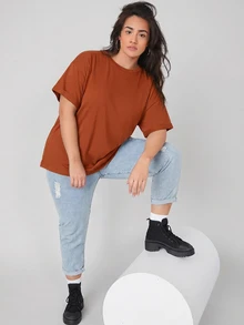 SHEIN BASICS 大尺碼捲袖口純色夏季上衣 - 鏽棕色 - 查看 3