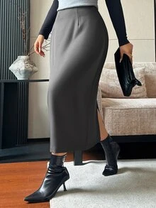 Dazy Plus Solid Color Fun Commuter Straight Slit Skirt - Dark Grey - View 1