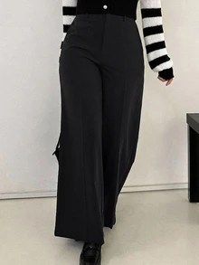 Dazy Plus Semi-Elastic Waist Solid Color Casual Fun Commute Versatile Office Wear Long Pants - Black - View 1