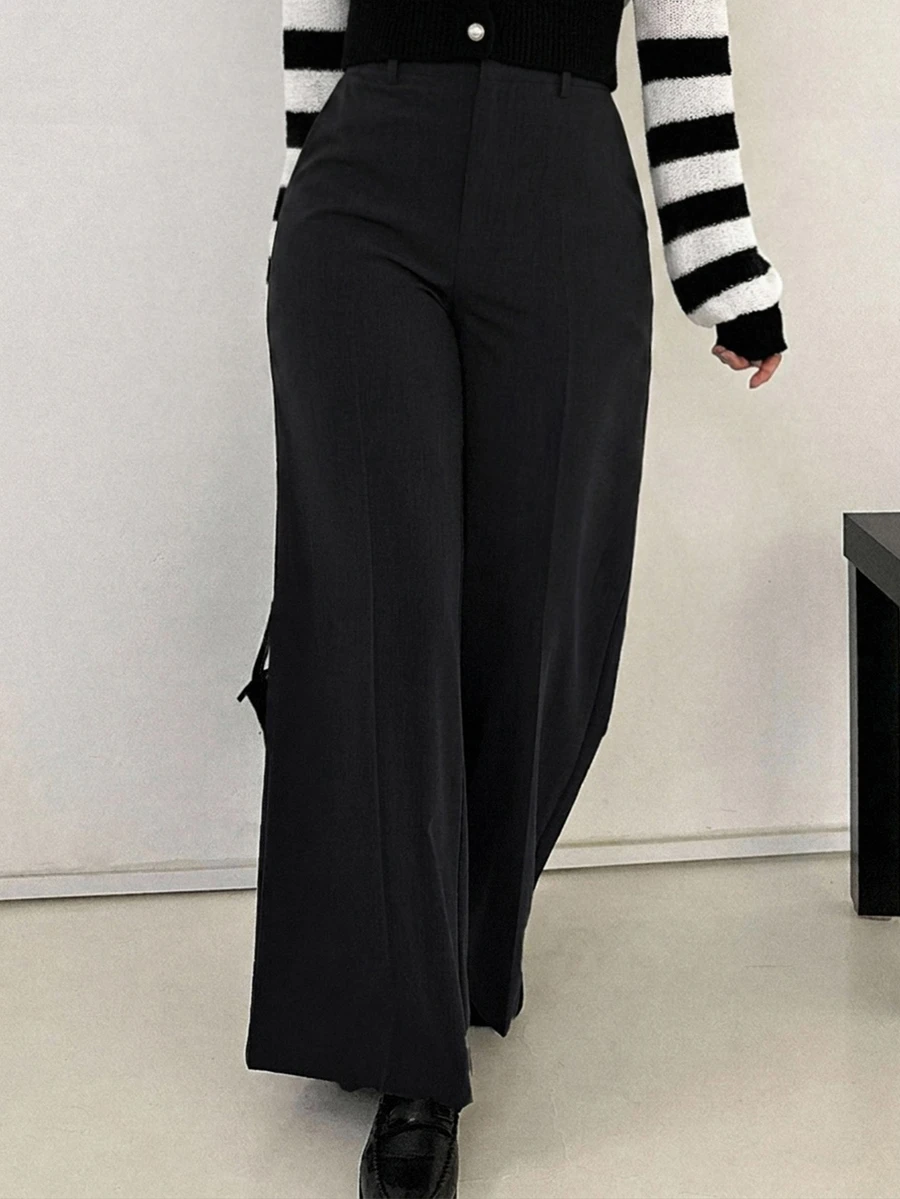 Dazy Plus Semi-Elastic Waist Solid Color Casual Fun Commute Versatile Office Wear Long Pants - Black - View 1