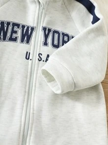 SHEIN 男嬰字母圖案針織軟綿連帽長袖秋冬連身衣，百搭舒適 - 灰色 - 查看 6