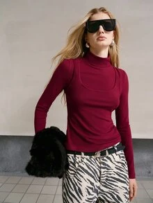 MOTF PREMIUM KAOS WANITA ELEGAN DENGAN KERAH MOCK-LECK, 2 IN 1, WARNA SOLID, MUSIM GUGUR/DINGIN - Merah - View 2