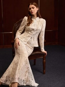 MOTF PREMIUM ELEGANT EXQUISITE LACE FROG BUTTON TOP AND MERMAID HEM SKIRT 2-PIECES SET - White - View 2