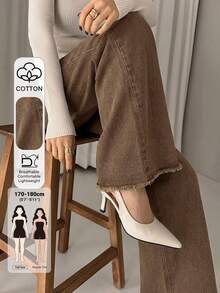 Dazy Tall Women's Brown Loose Straight Leg Denim Jeans With Frayed Hem Fall - Brown - View 1