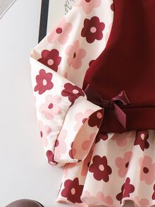 SHEIN Playful Pals 女嬰針織棕色拼接格紋長袖蝴蝶結T恤上衣與長褲2件套，春季/秋季早秋休閒日常穿搭 - 棕色 - 查看 5