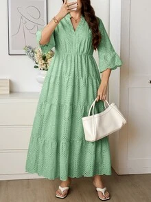 Easowa Curve 大尺碼純色鏤空刺繡洋裝 - 綠色 - 查看 5