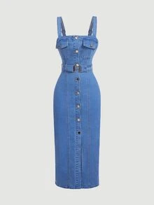 Women's Single-Breasted Fitted Elegant Spaghetti Strap Denim Dress - Blue - View 3