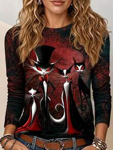 Breezaya Halloween Lady Vampire Cat Family T-Shirt, Cartoon Pattern Long Sleeve Crew Neck Casual Top - Red - View 1