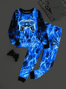 SHEIN 2件組兒童青少年男孩休閒日常舒適遊戲機印花圓領套頭睡衣上衣與長褲針織居家服修身套裝 - 彩色 - 查看 1