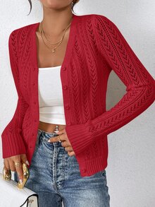 SHEIN Frenchy 女款純色長袖單排扣鏤空針織開襟衫 - 紅色 - 查看 1