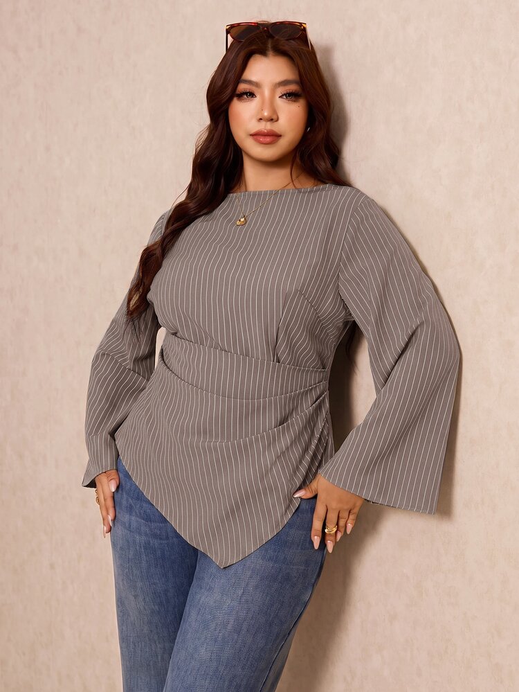 Elaquor Plus Size Women's Striped Pleated Casual Versatile Everyday Travel Shirt - Khaki - View 3