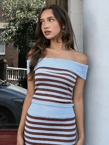 MainGRL Women's Striped Colorblock Shoulder Top And Skirt Knit 2 Pieces Set - Multicolor - View 5