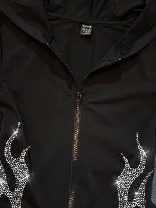 Attitoon Women's Solid Color Slim Fit Hooded T-Shirt, Autumn, Rhinestone Flame Pattern, Back To School Outfit, Street Fashion Cool Versatile, Club Party, Y2K - Black - View 4