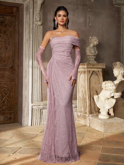 Aureia Elegant Pink French Romantic Lace Off-Shoulder Asymmetrical Neckline Heavy Beaded Rhinestone Embellished Sheer Long Sleeve Floor-Length Mermaid Skirt With Side Draping Flaps Suitable For Dating Vacation Bachelorette Party Wedding Event Women's Evening Gown