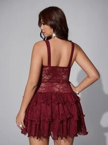 Viva Relle Burgundy Sheer Floral Lace Spaghetti Strap Mini Dress Scallop Lace Neckline Ruffled Voluminous Tier Hem Homecoming Holiday Cocktail Party Gown - Burgundy - View 2