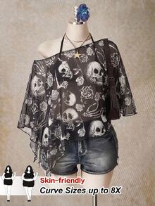 SHEIN CURVE+ Plus Size Halloween Skeleton Print Mesh Top For Women - Multicolor - View 2