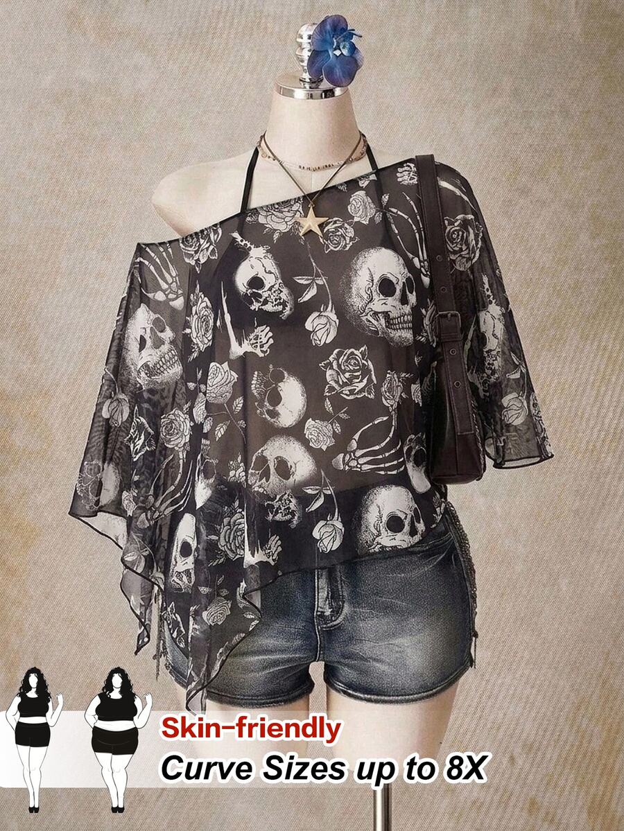 SHEIN CURVE+ Plus Size Halloween Skeleton Print Mesh Top For Women