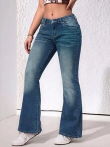 SHEIN Casual Street Style Low Waist Vintage Washed Flared Jeans With Diagonal Pockets And Back Pockets, Leg-Lengthening Floor-Length Pants - Medium Wash - View 3