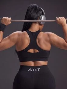Powerista Women's Plus Size Solid Color Zipper Front Halter Neck Sports Bra Gym Running Fitness Workout Going Out Autumn High-Support - Black - View 3