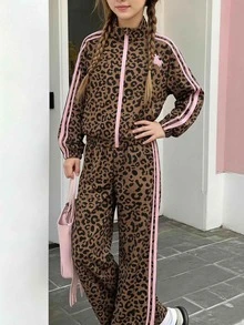 SHEIN 女童休閒時尚運動針織布波點圖案，袖口與褲腳飾邊，寬鬆舒適，適合春秋冬季日常通勤、戶外玩耍、出遊、聚會、拍照 - 棕色 - 查看 5