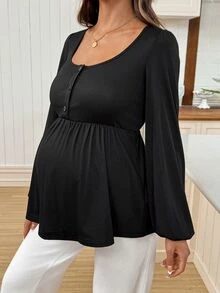 SHEIN تي شيرت كاجوال للحوامل بلون موحد مع أزرار نصفية وأكمام طويلة - الأسود - مشاهدة 3