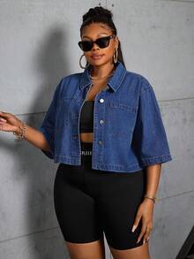SHEIN CURVE+ Jaket Denim Lengan Pendek Biru Non-Stretch untuk Wanita Ukuran Plus Cowgirl Outfit - Dark Wash - View 5