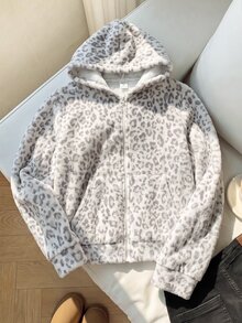 SHEIN 青少年女孩黑色愛心印花抓絨連帽拉鍊外套，秋季毛絨外套返校穿搭 - 杏色 - 查看 9