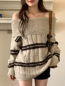 DAZY Women's Square Neck Striped Loose Casual Sweater Fall - Khaki - View 5