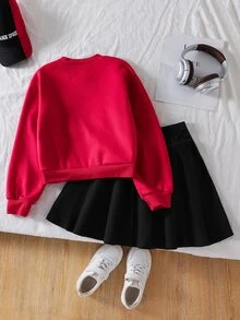 SHEIN 2件組 青少年女孩返校季大學風秋冬蝴蝶結印花長袖衛衣與時尚短裙，修身剪裁，展現青春活力氛圍，適合校園或日常穿著 - 紅色 - 查看 2