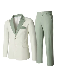 Manfinity Mode Men's Green & White Spring/Summer Wedding Atmosphere Plus Size Suit Set - White - View 4