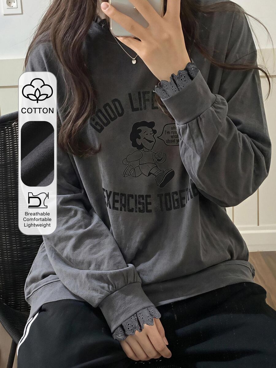 DAZY 女款圓領圖案印花對比蕾絲袖口短袖T恤 春夏季 - 深灰色 - 查看 1