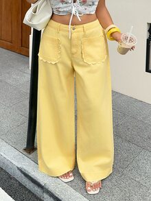 SHEIN CURVE+ Celana Jeans Denim Longgar dengan Kancing Saku Ukuran Plus - Kuning - View 8