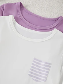 Girls Purple Solid Color Top + Plaid Long Pants Set, White Top With English Letter + Eyelash Print + Plaid Long Pants + Hair Scrunchie 4-Piece Set - Multicolor - View 3