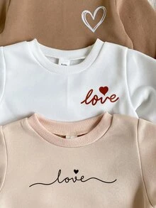 SHEIN Vintaside Kids 3件組女孩愛心圖案運動衫與長褲套裝，秋冬圓領長袖套頭衫與長褲套裝，米色/卡其色/白色 - 彩色 - 查看 3