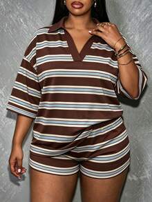 Slaydiva 大尺碼女款條紋拼接休閒百搭日常短袖T恤與條紋短褲兩件套 - 彩色 - 查看 3