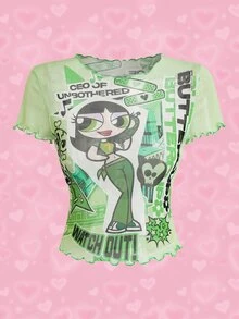 THE POWERPUFF GIRLS X SHEIN Women's Cartoon Print Top With Frill Trim - Green - View 1