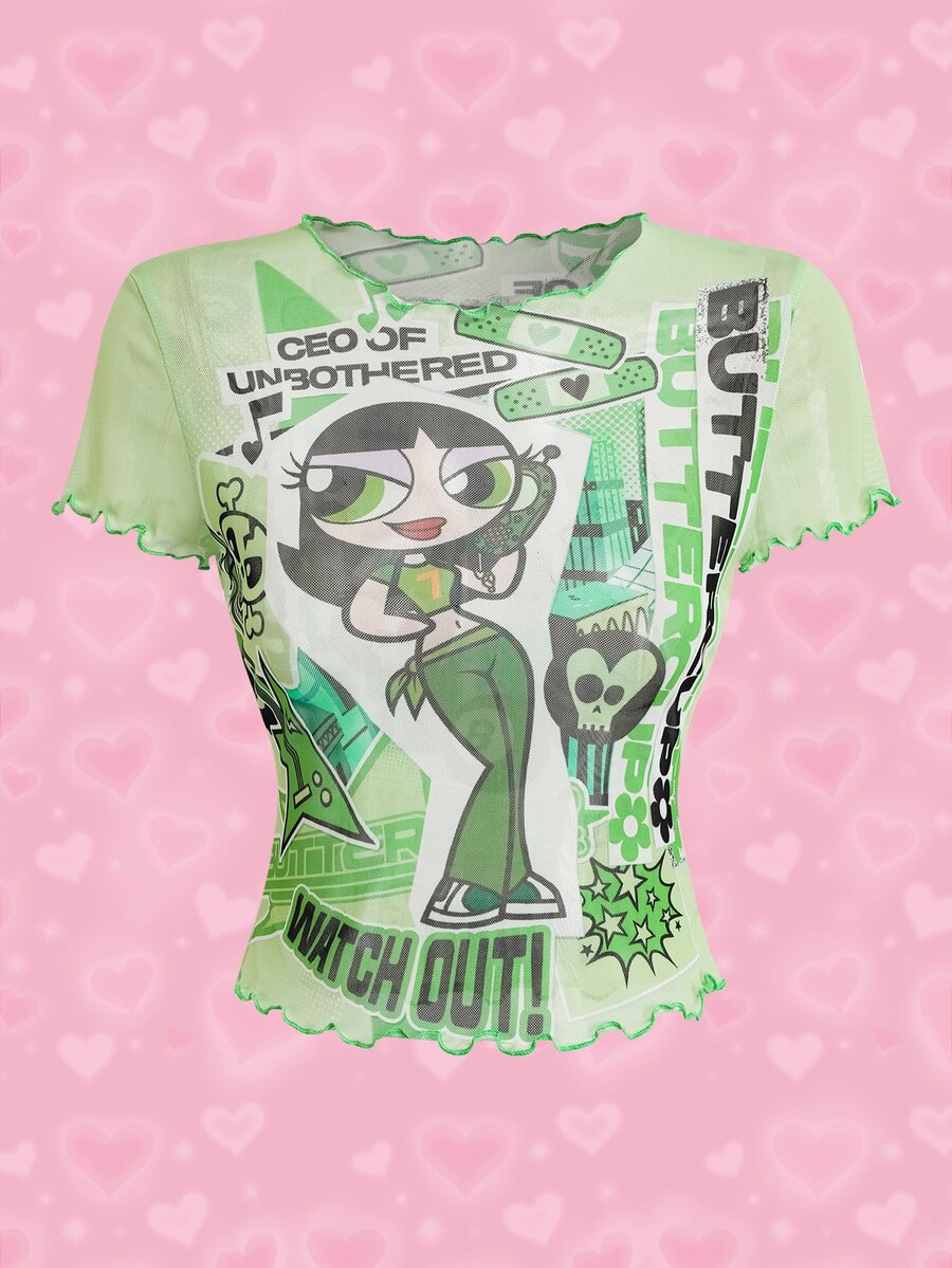THE POWERPUFF GIRLS X SHEIN Women's Cartoon Print Top With Frill Trim - Green - View 1