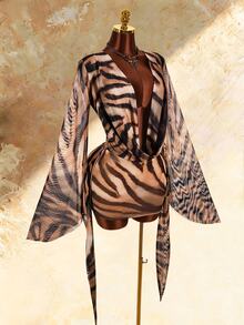 Amplova Women's Cowl Neck Animal Print Sexy Long Sleeve Dress - Brown - View 8