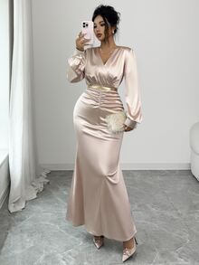 Elenzga Women's Solid Color V-Neck Pleated Elegant Waist-Cinching Party Dress - Champagne - View 1