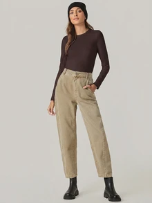 SHEIN BASICS 女款休閒百搭純色修身長袖T恤上衣 白色 - 棕色 - 查看 4