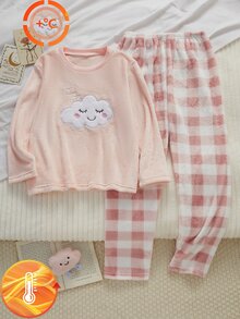 Tween Girl Cartoon Cloud Embroidered Top And Plaid Pants Loungewear Set - Pink - View 3