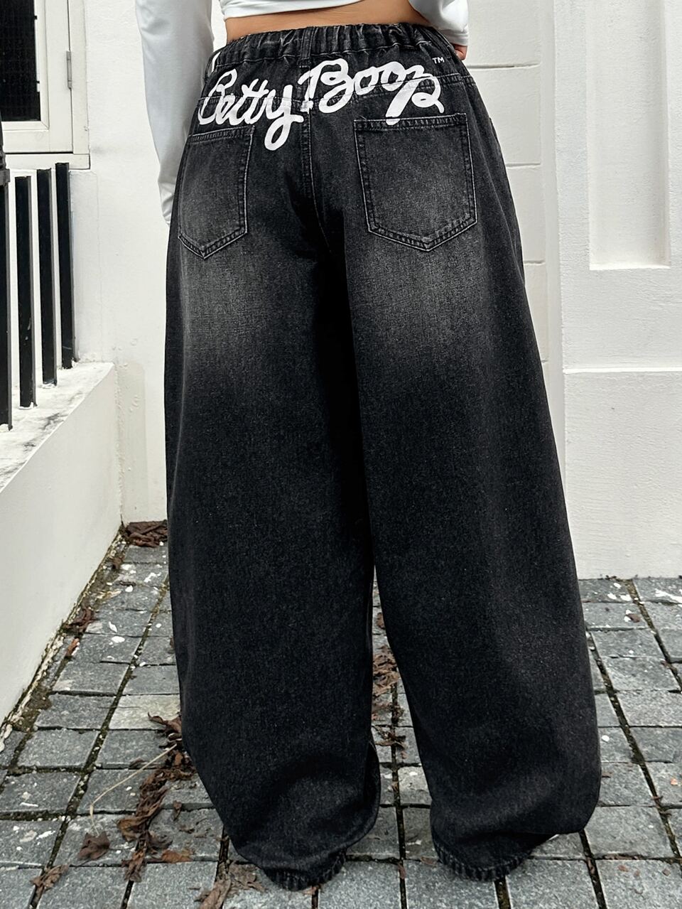 Korean Style Casual Letter Rhinestone Design All-Season Black Denim Jeans For Girls Fall