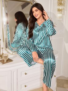 MuseNap CURVE Classic Striped Elegant Open Front Lapel Long Sleeve Pants Women Plus Size Pajama Set - Green - View 7