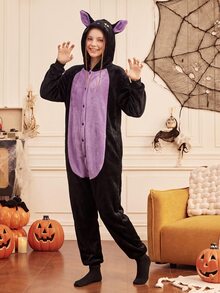 Provexi Provexi Halloween Flannel Black Cat Cartoon One-Piece Pajamas For Women, Hooded Animal Design Loose Fit Loungewear - Black - View 8