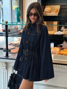 Aloruh Women's Raglan Long Sleeve Single-Breasted Casual Denim Jacket,A-Line Mini,Brunch Outfit,Halloween,Christmas,French Dark Blue Fall - Blue - View 9