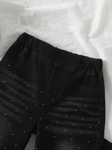 SHEIN Elladie kids 女童黑色水鑽寬腿牛仔褲，春夏秋冬四季皆宜，街頭風度假休閒極簡設計，柔軟舒適棉質牛仔布無彈力，適合日常穿著、通勤、外出與聚會 - 藍色 - 查看 7