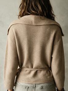 SHEIN Textured Knit Wrap Cardigan Featured With Wide Lapel And Side Tie. Cropped Silhouette Delivers Refin - Khaki - View 3