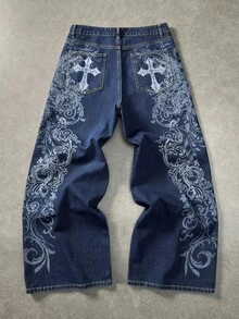 ROMWE MEN Men's Plus Size Casual Washed Vintage Printed Denim Jeans - Blue - View 1